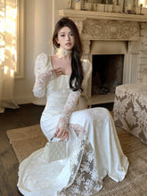 BXOXO party look inspos Autumn Elegant Lace Sleeve Long Dress for Women Chic Square Neck Retro Spliced Strappy Pleated Ruffle Party Prom One Piece Mujer